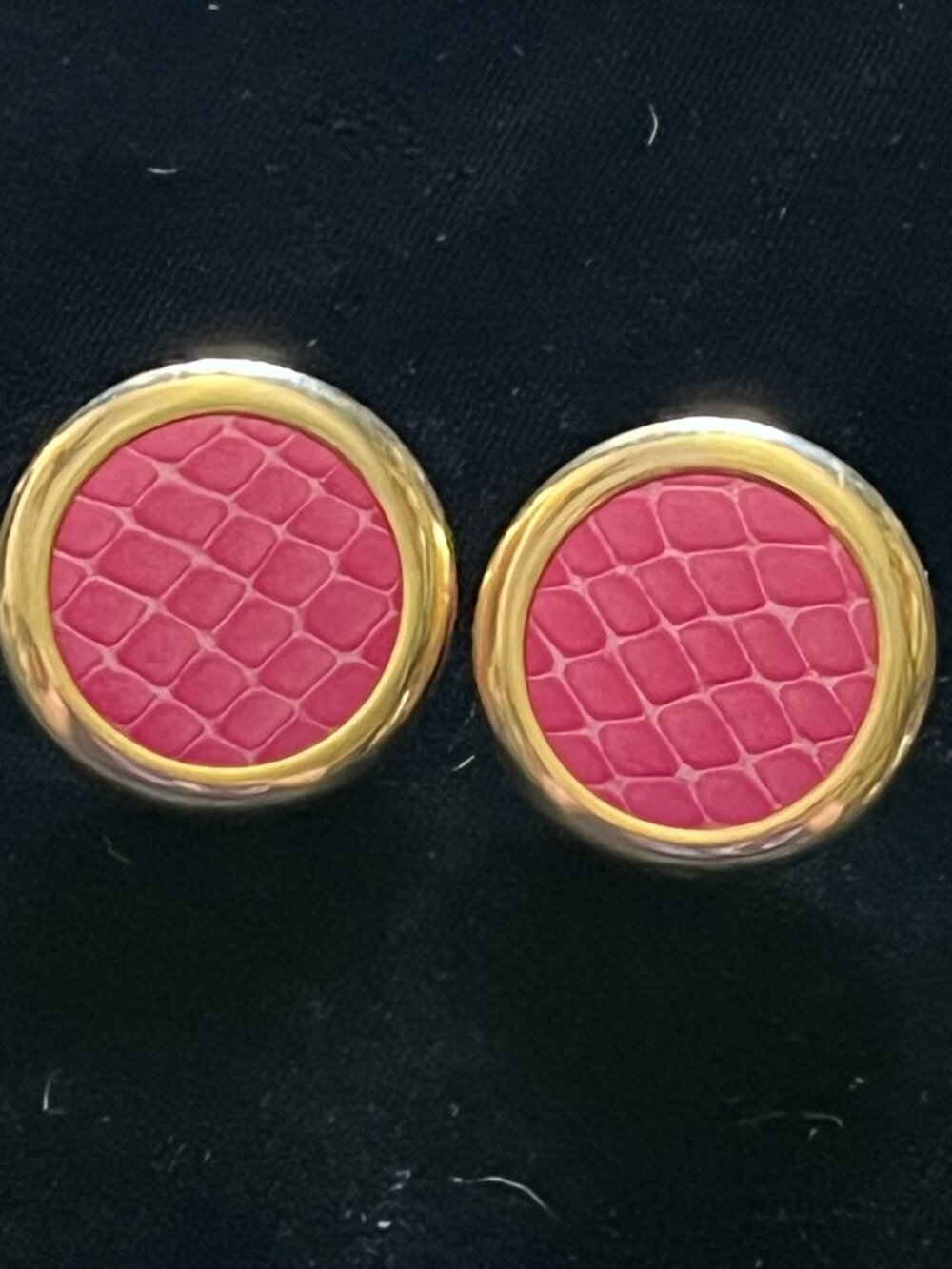 Vintage Pink Leather Croc Embossed Gold Button Stud Earrings